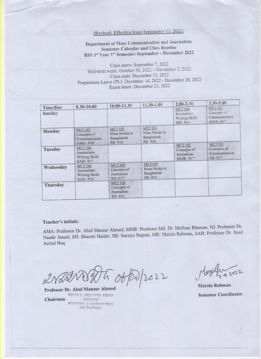 BSS Class Routine BSS Class Routine